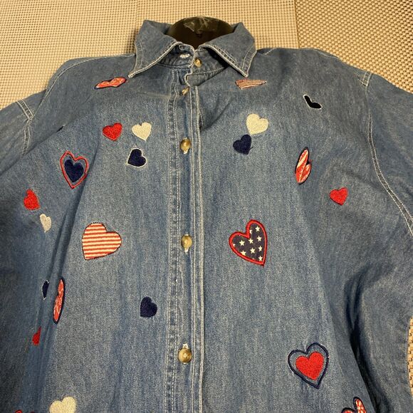 Vintage Quizz New York Denim Shirt 22 Patriotic Embroider Hearts Short Sleeve‎ - Picture 2 of 5